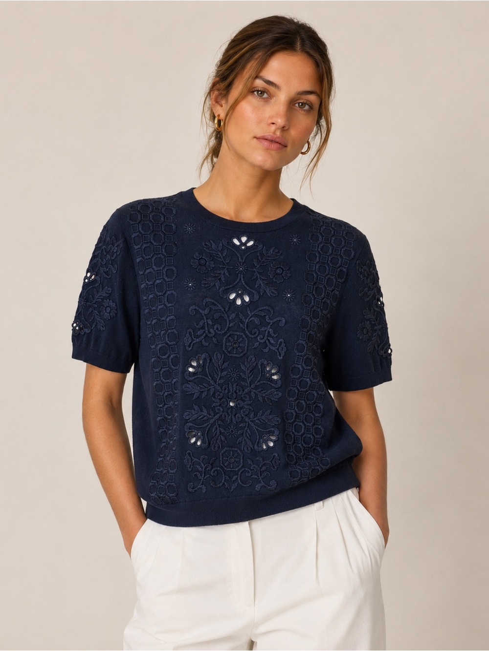Tory Burch Embroidered Eyelet Lace Sweater Knit Top Navy Small Preppy Classic